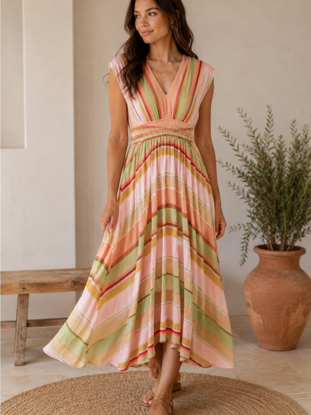 Maison Tara Women’s V-Neck Retro Vintage Midi Dress Pink and Green